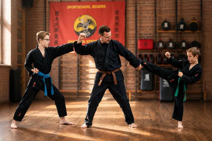 Instructeur oefent een stoottechniek met twee jongens in zwarte pakken met blauwe en groene band, in een dojo met een rode Sportschool Segers-banier op de achtergrond.