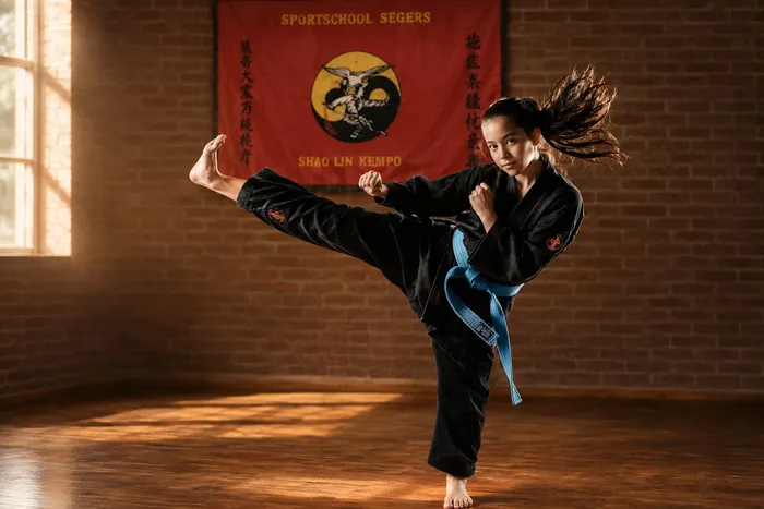 Meisje met blauwe band maakt een hoge zijwaartse trap in een dojo met een rode 'Shao Lin Kempo'-banier op de achtergrond.