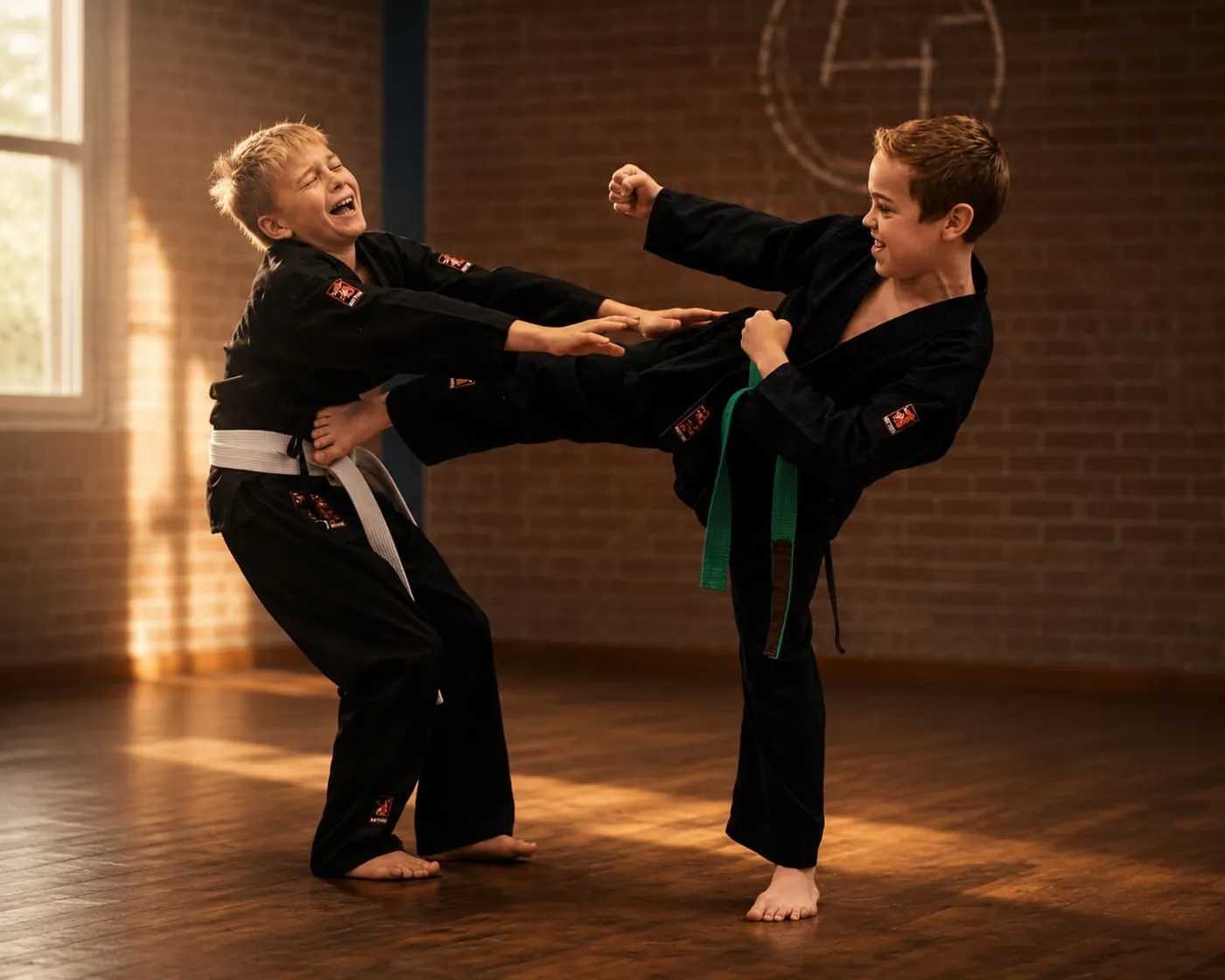 Twee jongens met witte en groene band lachen tijdens het spelenderwijs oefenen van een trap in de dojo.