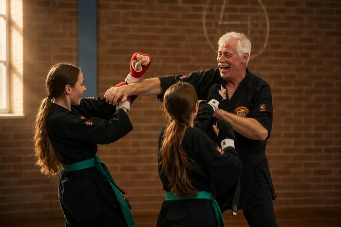 Instructeur lacht tijdens het oefenen van een stoottechniek met twee meisjes met groene band, in een dojo met een bakstenen muur.