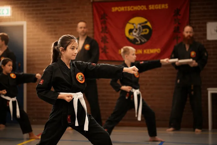 Meisje met witte band maakt een stoottechniek tijdens een groepsles, met andere leerlingen en een instructeur op de achtergrond.