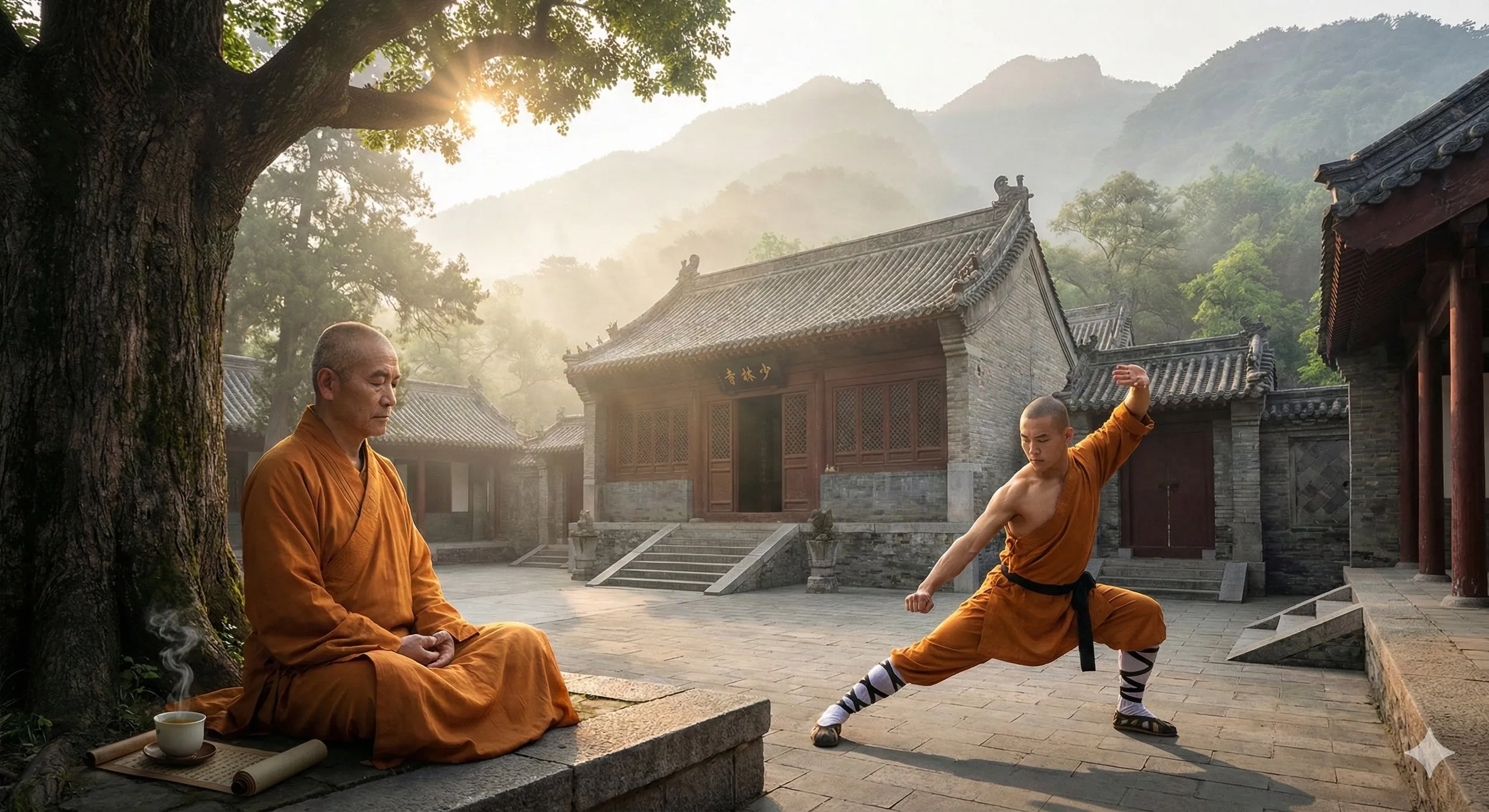 Een monnik mediteert onder een grote boom terwijl een jonge monnik in gevechtshouding staat op een traditionele binnenplaats met oude Chinese gebouwen op de achtergrond, omgeven door bergen.