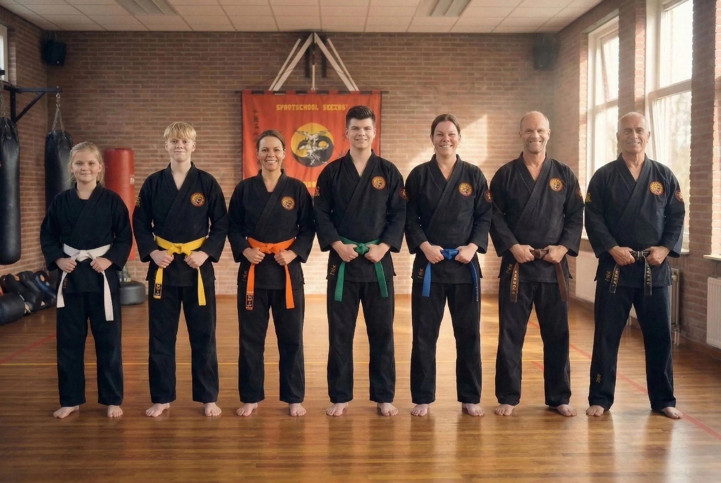 Groep mensen in karate-uniformen staan in rij in een karate-school, met een muur en een banner op de achtergrond.