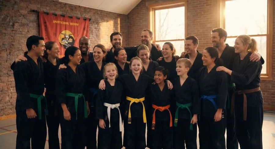 Een groep leerlingen van Sportschool Segers samen in de dojo