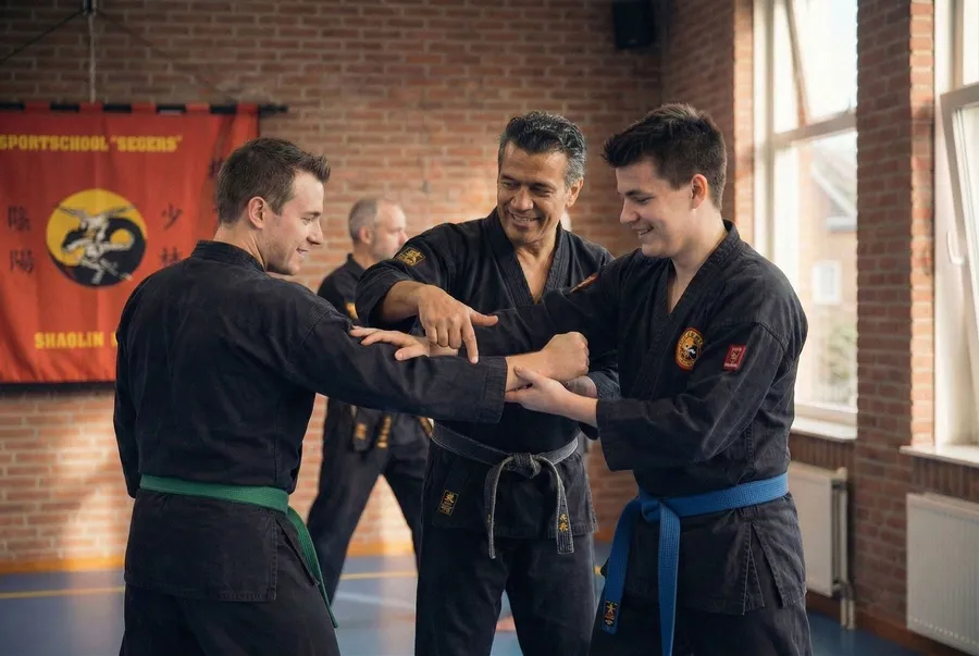 Instructeur begeleidt twee leerlingen persoonlijk tijdens de training