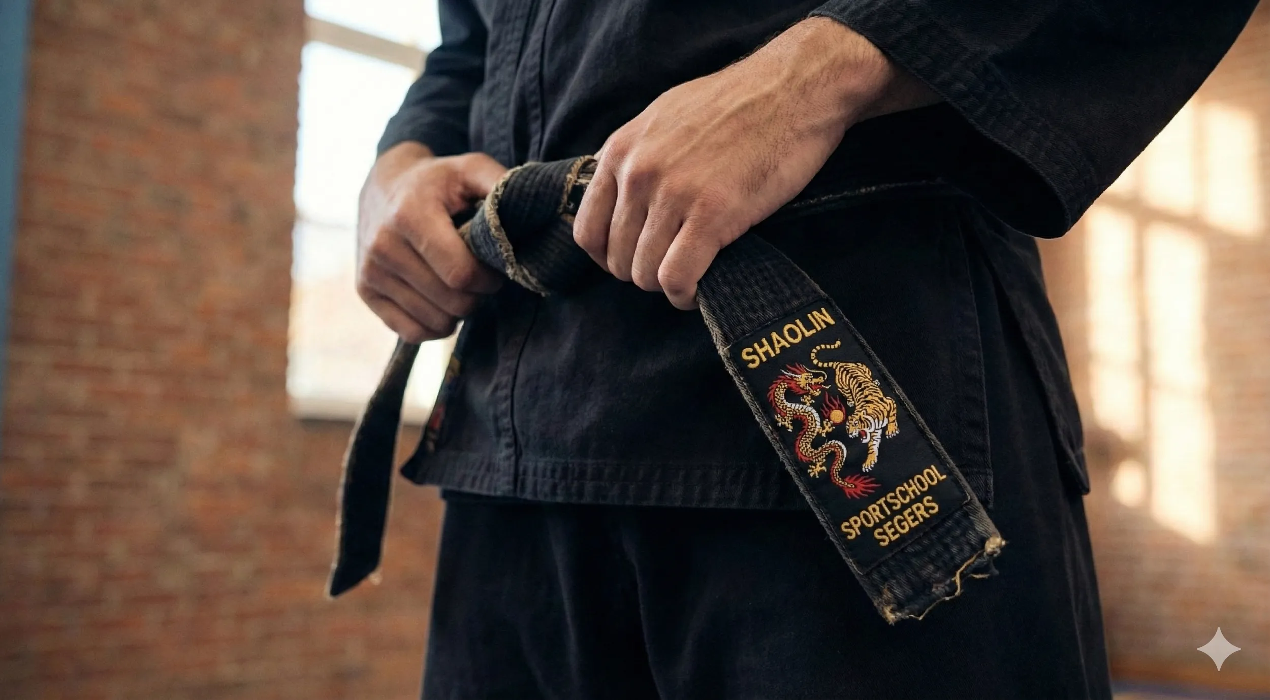 Persoon in een martial artsuniform die een zwarte band vasthoudt, op een achtergrond van een bakstenen muur. Op de band staat ‘Shaolin Sportschool Segers’ met een embleem van een leeuw en een tijger.
